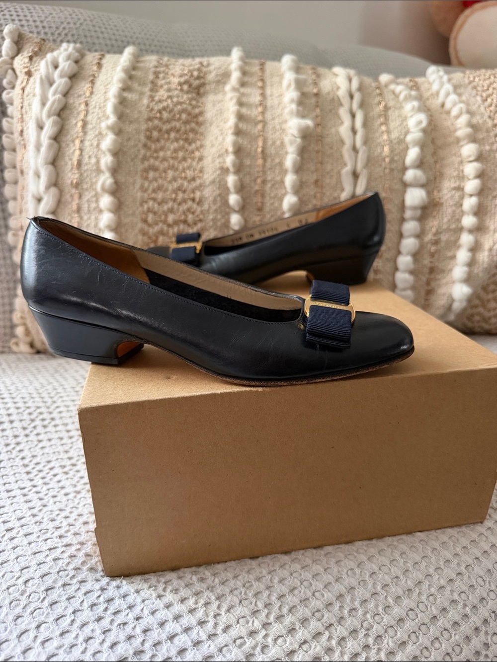 Salvatore Ferragamo Black Leather Low Heel Pumps with Navy Ribbon